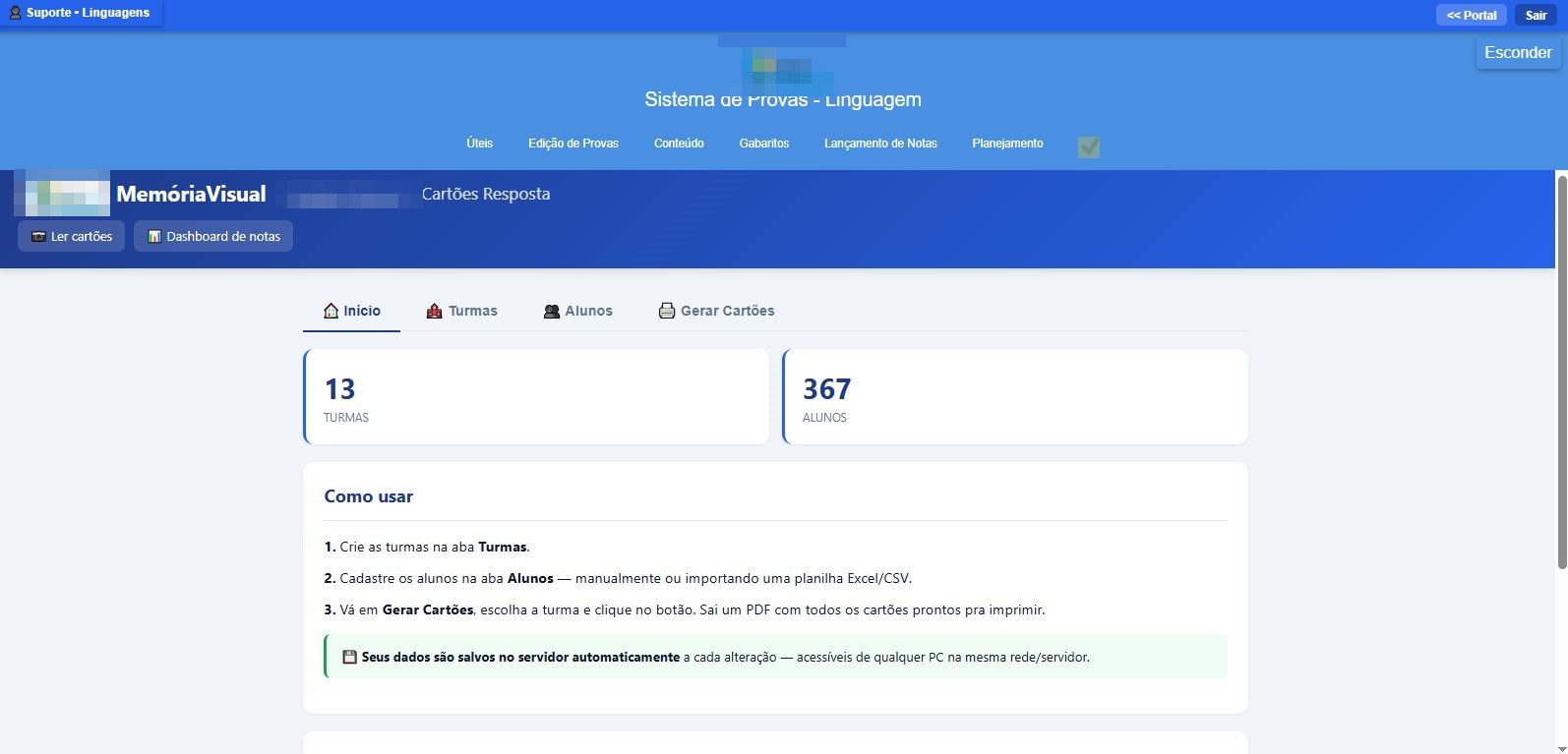 Tela do Leitor de Cartões-Resposta com dashboard de notas